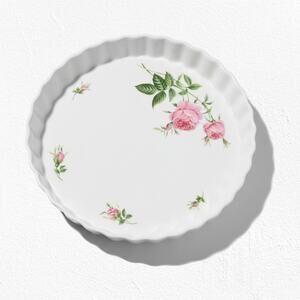 Vintage White Pink Floral Beveled Porcelain 9.5 Inch Quiche Tart 1950s Pie Pan